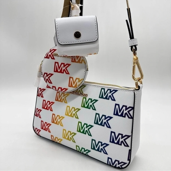 Michael Kors Jet Set Price Medium Crossbody W Tech Accessories Rainbow MK Logo - Picture 1 of 12